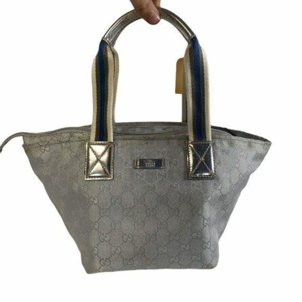 Authentic Gucci Satchel Bag Gray Canvas Used GG Handbag Vintage